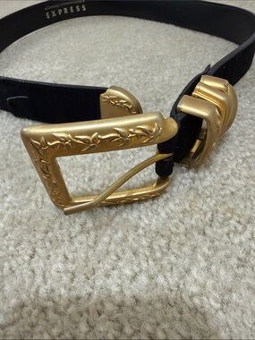 Express Black Leather Belt with Embossed Gold Buckle